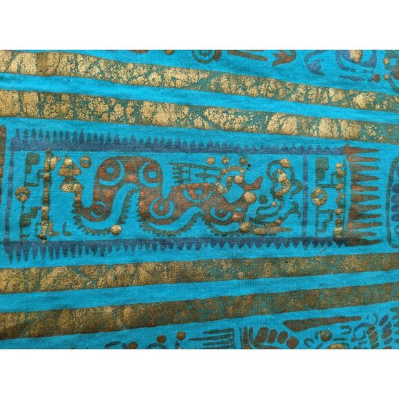 1950s MAYA de MEXICO Mayan Hieroglyph Hand Painted Aqua/Gold Circle Skirt sz. XS - Picture 9 of 14